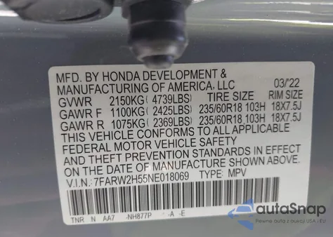 2022 Honda Cr-V Awd Ex from USA, damaged, VIN 7FARW2H55NE018069